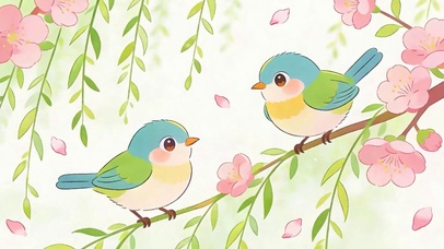 树枝两只小鸟