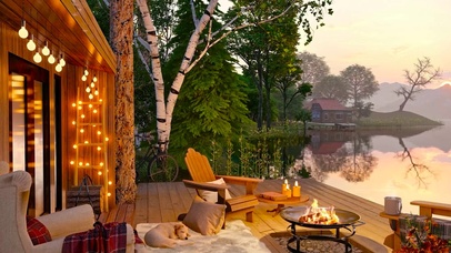 傍晚湖边木屋篝火