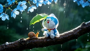 雨天为小蜗牛遮雨的蓝胖