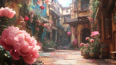 异域鲜花小镇静谧午后