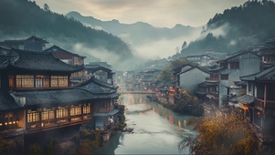 山林水乡古风河岸建筑