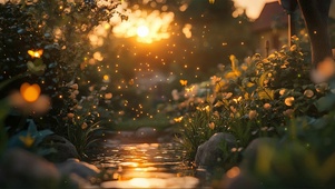 落日夕阳微光乡村溪流
