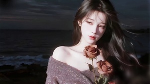 海边拿玫瑰的少女