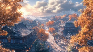 俯瞰秋日宏伟古城街景