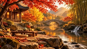 秋天彩林河流
