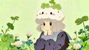 三叶草里的云朵帽少女