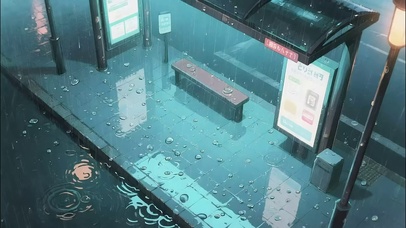 雨天公交车站夜景