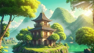 唯美治愈绿水青山古风山水建筑