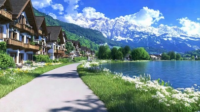 蓝天白云树木河流