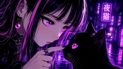 赛博紫夜黑猫美少女