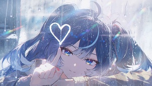 蓝发少女 雨窗爱心