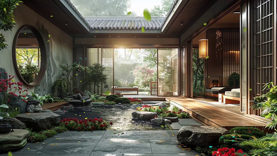 中式围合庭院水景，置石、红花与绿植环绕，两侧配木质廊台与室内空间
