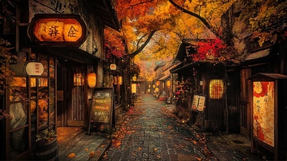 漫步秋日雨中古城街道