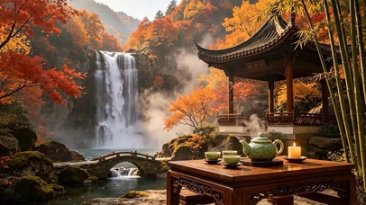 秋天山谷瀑布木亭品茶