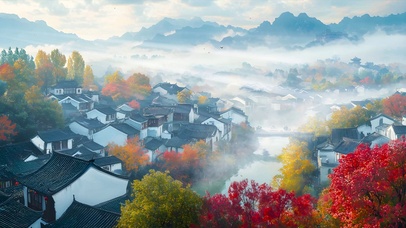 国风山水云雾村庄