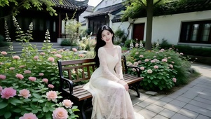 古风庭院坐在长椅纳凉的美女1