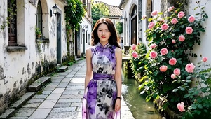 江南小河流经青石道上散步的美女