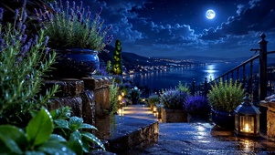 月夜滨海花阶浪漫夜景