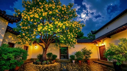 中式庭院黄花树夜景