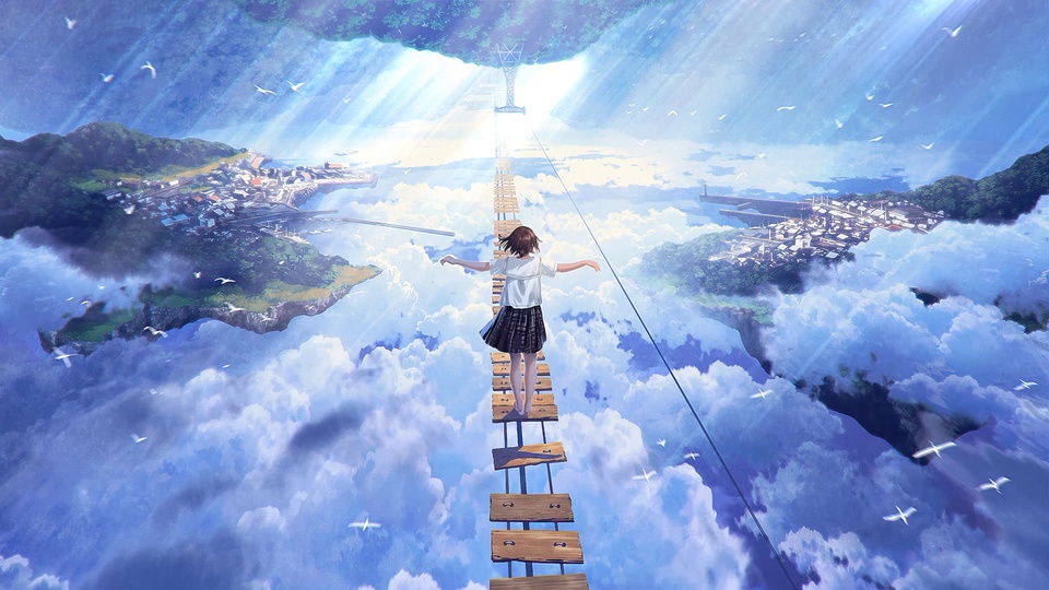 蓝调云海间，背向镜头的少女站在悬空木吊桥上，两侧是悬浮绿岛与城镇