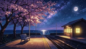 银河星空 樱花海边风景 治愈系