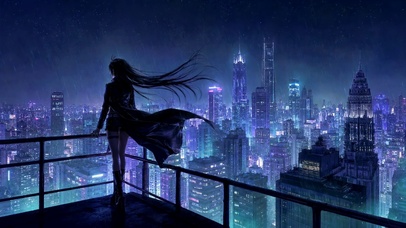 赛博雨夜都市天台长发少女