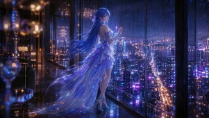 雨夜窗边蓝发礼服美少女