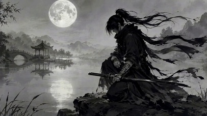 古风月夜水墨武士