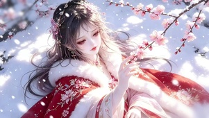 雪中赏梅的古风红衣少女