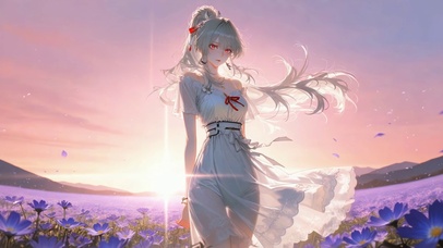 夕阳花海银发美少女