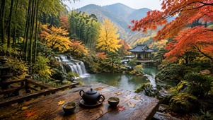 秋天山间瀑布品茶