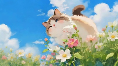 蓝天下鲜花猫咪