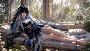 窗边慵懒蓝发二次元美少女
