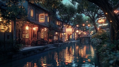 小镇河岸建筑商店街道