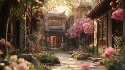 庭院唯美建筑黄昏风景