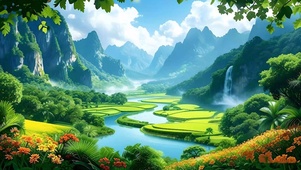 绿色护眼山水花草