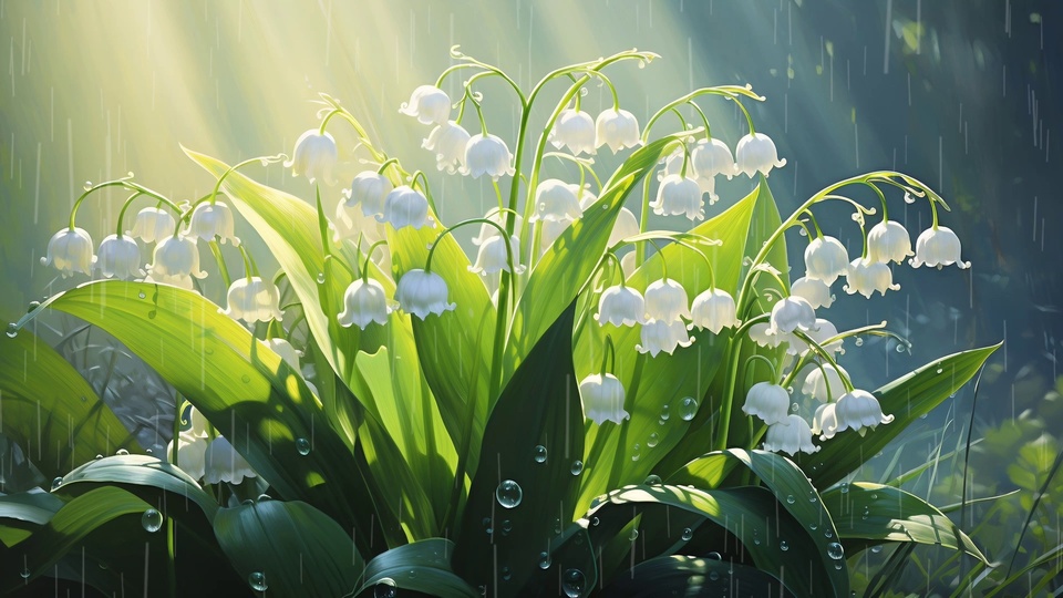 成簇铃兰垂着奶白色花冠，鲜绿叶片附着透明雨滴，暖金色光束穿透冷调雨雾背景洒落林间。