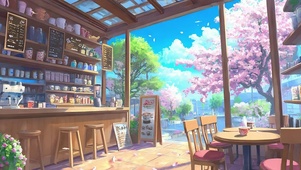 樱花树木窗外咖啡店
