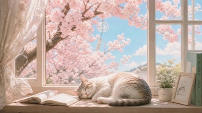 樱花窗前的慵懒小猫