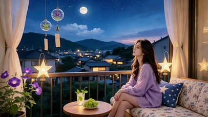仲夏傍晚霞光下阳台赏景的美女