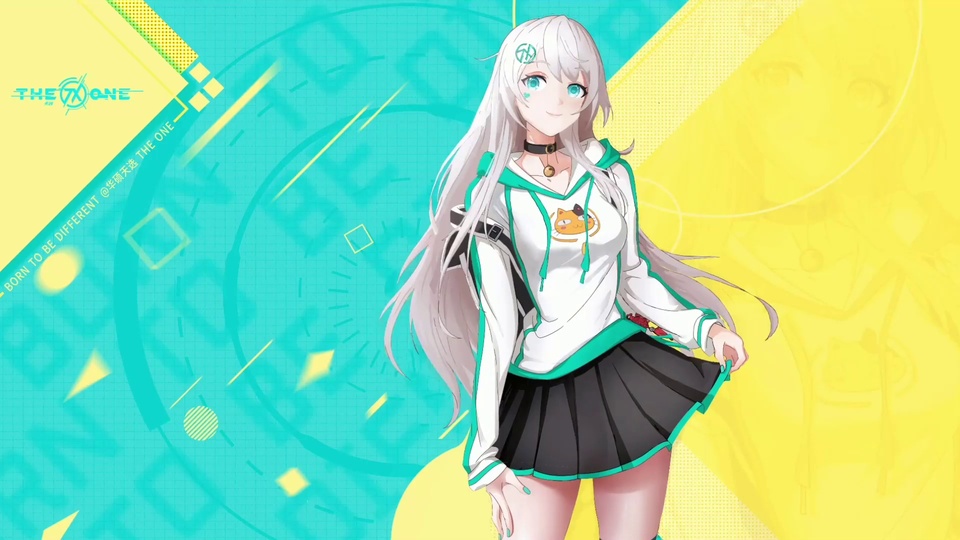 银白长发动漫少女立于黄绿撞色几何背景前