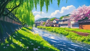 唯美春日河岸小镇风景
