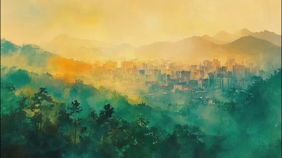 朦胧黄昏森林远眺城市