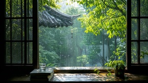 古窗山林雨景
