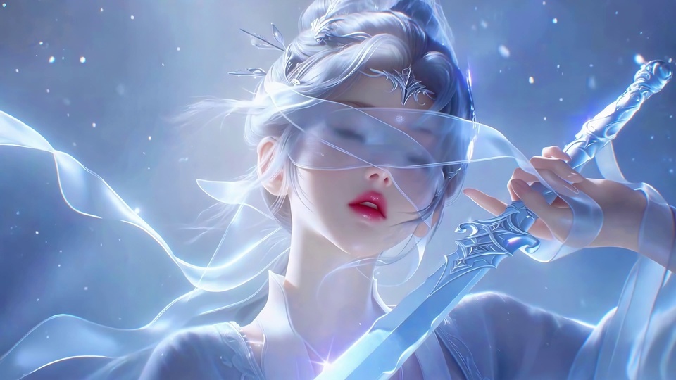 蒙眼白纱遮面的持剑白衣少女，背景为泛光的蓝调星尘空间。