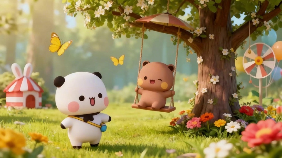 一二布布白色熊猫站在春日花园，棕熊坐在树下秋千
