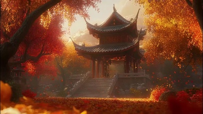 秋日树林静谧宏伟古建