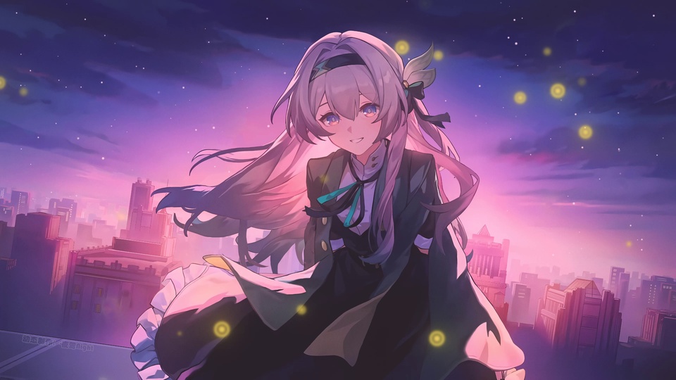 浅粉长发二次元少女立于粉紫色暮色城市上空，空中点缀星光与暖黄光点