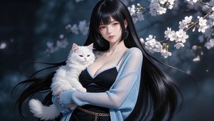 樱花树下抱猫少女