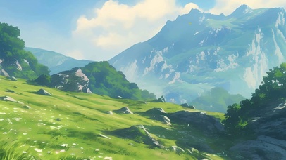 白云树木草地带鱼屏